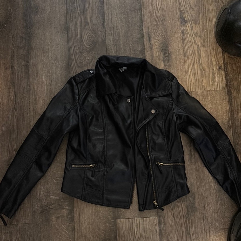 Till death black leather jacket 
From David’s bridal